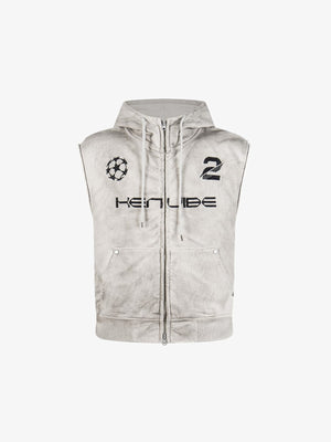 Washed Sleeveless Zip Up Hoodie with Embroidery – Washed ivory, front view | XoKool