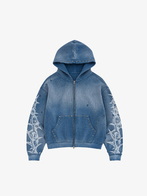 Washed Thorn Print Studded Zip Up Hoodie – Blue, front view | XoKool