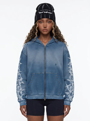 Thorn zip up hoodie – Blue, on female model, front | XoKool
