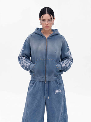 Washed Thorn Print Studded Zip Up Hoodie – Blue, on female model, front | XoKool