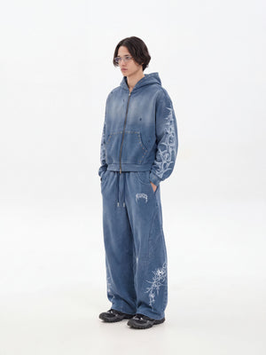 Thorn zip up hoodie – Blue, on model full outfit, side | XoKool