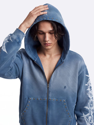 Thorn zip up hoodie – Blue, on model, hood close-up | XoKool