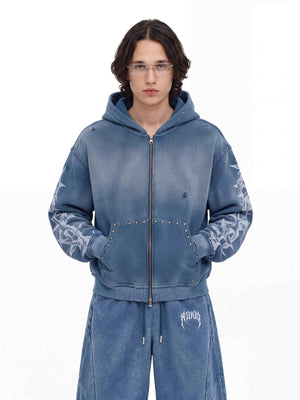 Washed Thorn Print Studded Zip Up Hoodie – Blue, on model with matching pants, front | XoKool
