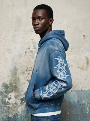 Thorn zip up hoodie – Blue, street photo, side | XoKool
