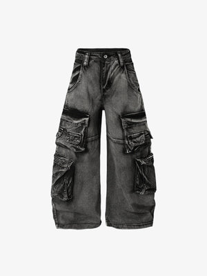Jeans cargo de pierna ancha con efecto lavado y bolsillos de fuelle – Negro lavado, frente en plano | XoKool