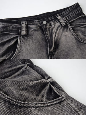 Jeans cargo de pierna ancha – Negro lavado, detalle de cintura y bolsillo | XoKool