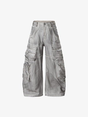 Jeans cargo de pierna ancha con efecto lavado y bolsillos de fuelle – Gris lavado, frente en plano | XoKool