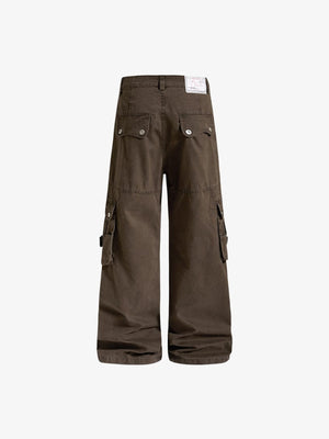 Washed Wide Leg Cargo Pants with Snap Pockets – Brown, back view | XoKool