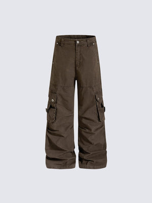 Washed Wide Leg Cargo Pants with Snap Pockets – Brown, front view | XoKool