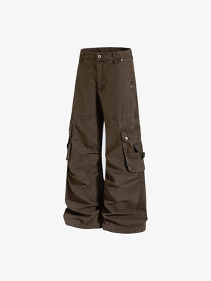 Washed Wide Leg Cargo Pants with Snap Pockets – Brown, side view | XoKool