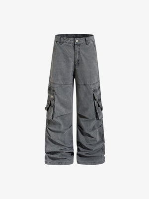 Washed Wide Leg Cargo Pants with Snap Pockets – Grey, front view | XoKool