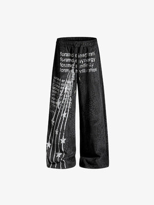 Washed Wide Leg Sweatpants with Star Print – Black, front flat | XoKool