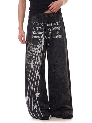 Washed Wide Leg Sweatpants with Star Print – Black, on model front | XoKool