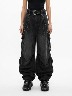 Washed Y2K Cargo Pants with Belt and Chain – Washed Black, on model front | XoKool