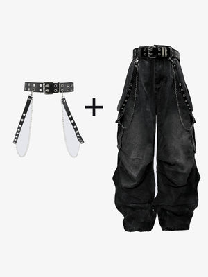Y2K Cargohose – Washed Black, Hose mit Gürtel-und-Ketten-Set | XoKool