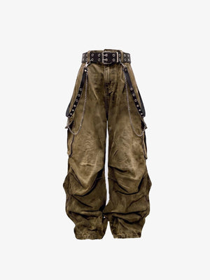 Washed Y2K Cargo Pants with Belt and Chain – Washed Brown, front flat with belt | XoKool