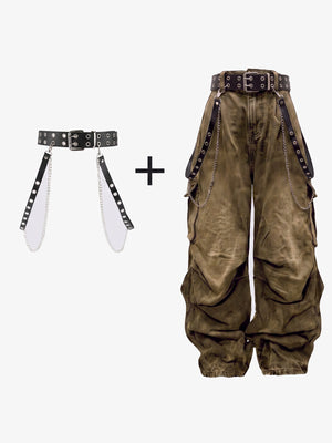 Y2K Cargohose – Washed Brown, Hose mit Gürtel-und-Ketten-Set | XoKool