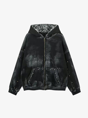Washed Zip Hoodie mit Kunstfell-Kapuze – Schwarz, Vorderansicht | XoKool