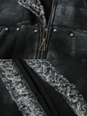 Washed Zip Hoodie – Schwarz, Reißverschluss, Nieten und Kunstfellfutter, Nahaufnahme | XoKool