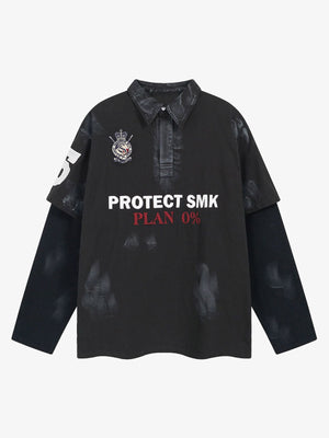 Polo en capas con número 5 y escudo – azul marino efecto lavado, vista frontal | XoKool