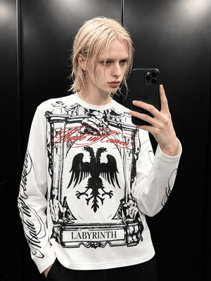 White Waffle Knit Long Sleeve Eagle Graphic Tee – mirror selfie on model | XoKool