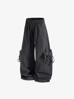 Wide Leg Ballon Cargohose mit Bindetaschen – Grau, schräge Ansicht | XoKool