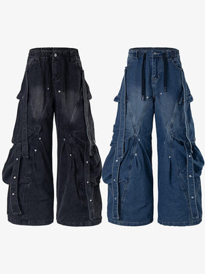 Strap cargo jeans – Black and Blue, front | XoKool