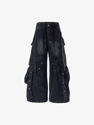 Wide Leg Cargo Jeans with Straps and Drawstring Waist – Black, front flat | XoKool