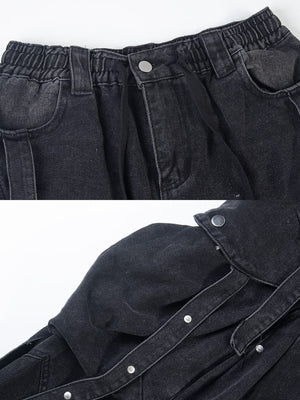 Strap cargo jeans – Black, waist and strap close-up | XoKool