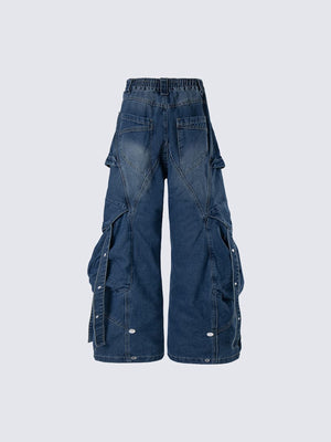 Wide Leg Cargo Jeans with Straps and Drawstring Waist – Blue, front flat alt | XoKool