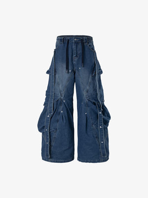 Wide Leg Cargo Jeans with Straps and Drawstring Waist – Blue, front flat | XoKool