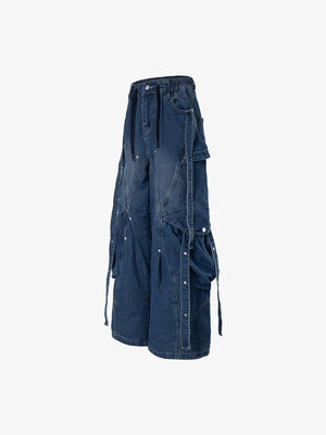 Wide Leg Cargo Jeans with Straps and Drawstring Waist – Blue, side | XoKool