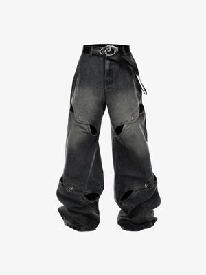 Wide Leg Cut Out Jeans in Blue or Black – Black, front view flat | XoKool