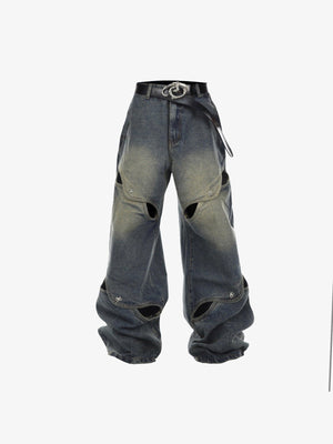 Wide Leg Cut Out Jeans in Blue or Black – Blue, front view flat | XoKool