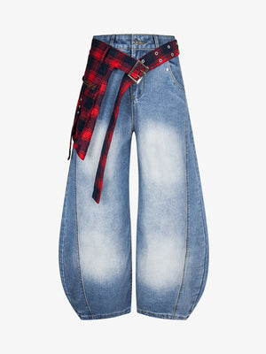 Baggy Barrel Jeans with Plaid Grommet Belt – Light Blue, front with belt | XoKool