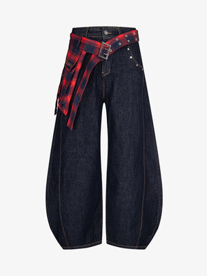 Baggy Barrel Jeans with Plaid Grommet Belt – Dark Indigo, front with belt | XoKool
