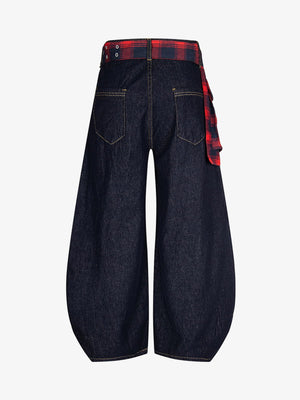 Baggy Barrel Jeans with Plaid Grommet Belt – Dark Indigo, back | XoKool