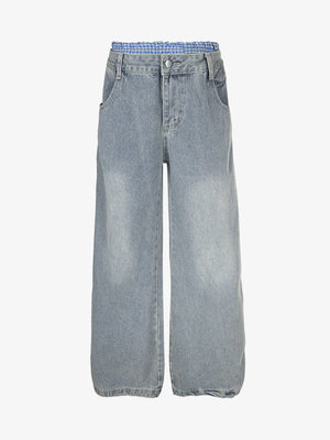 Double Waist Baggy Jeans with Plaid Band – Light Blue, front flat | XoKool