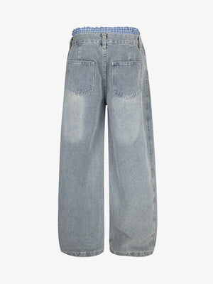 Double Waist Baggy Jeans with Plaid Band – back flat | XoKool