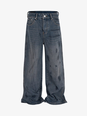 Blue Baggy Jeans with Ink Stain Splash – Blue, front flat | XoKool