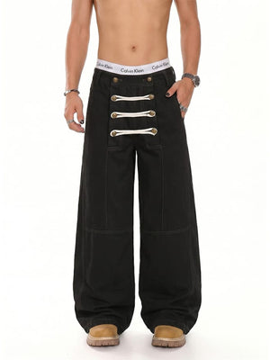 Lace up pants – Black, on model, front | XoKool