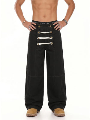 Lace up pants – Black, on model, front | XoKool