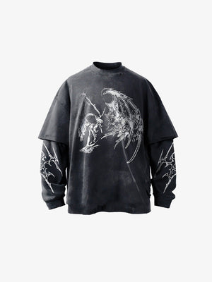 Winged Skeleton Layered Long Sleeve Tee – Washed black, front flat | XoKool