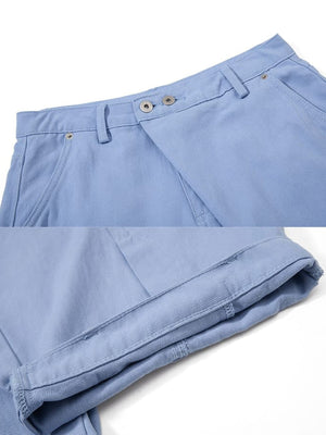 Pantalones barrel cruzados – Azul claro, detalle de la cintura y el dobladillo | XoKool