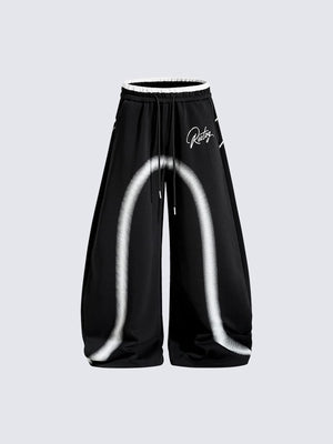 Y2K Barrel Sweatpants with Airbrush Arch Print – Black, front view | XoKool