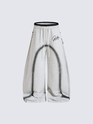 Y2K Barrel Sweatpants with Airbrush Arch Print – Grey, front view | XoKool