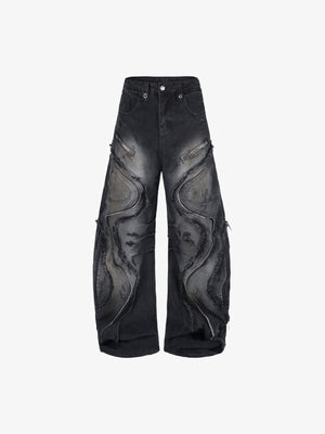 Zipper Panel Barrel Jeans with Frayed Edges – Black, front flat | XoKool