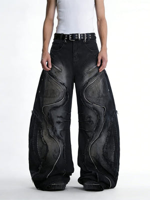 Zipper Panel Barrel Jeans with Frayed Edges – Black on model, front | XoKool
