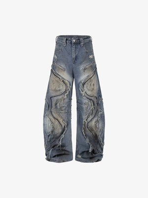 Zipper Panel Barrel Jeans with Frayed Edges – Blue, front flat | XoKool
