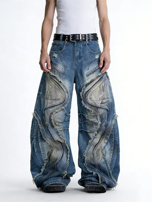 Zipper Panel Barrel Jeans with Frayed Edges – Blue on model, front | XoKool